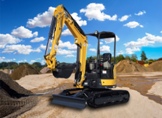 A compact micro excavator (up to 1 tonne) being used for precise digging in a tight workspace.
