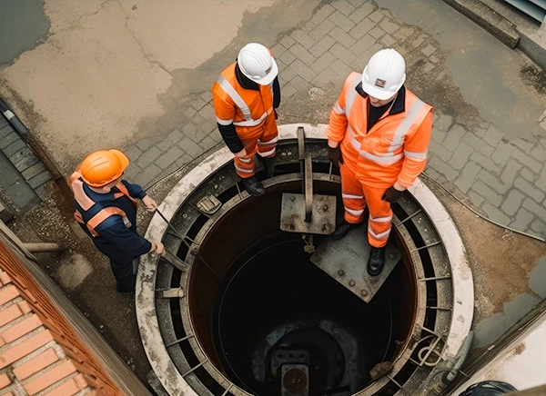 Three workers in high-visibility clothing and helmets inspecting a confined space entry point.