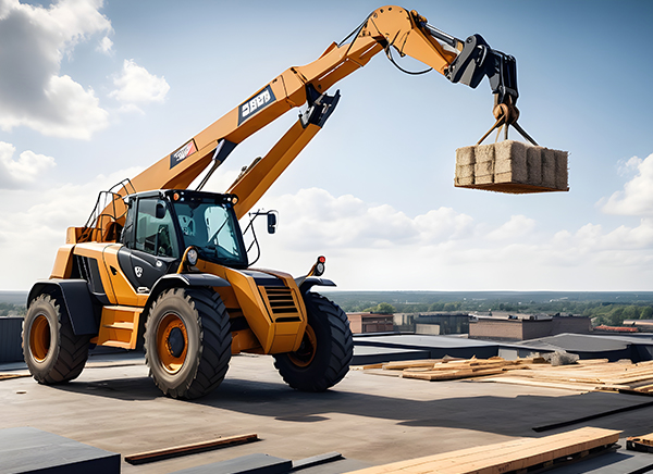 Close-up view of an N138 Telescopic Handler lifting a heavy load with precision, demonstrating skills from the 'Suspended Loads Course', with a scenic landscape and industrial setting in the distance.